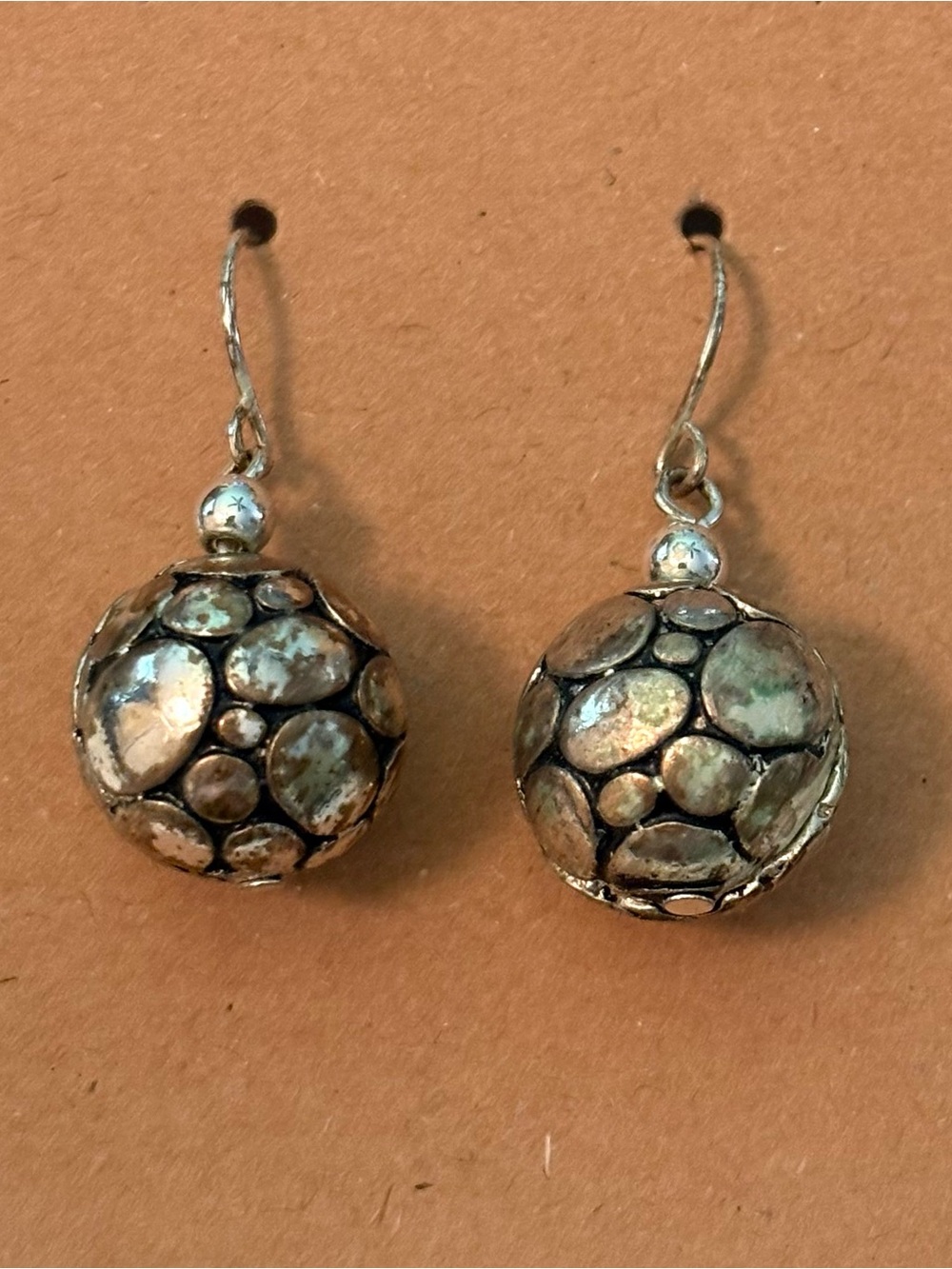 Silver Tone Textured Orb Drop Earrings